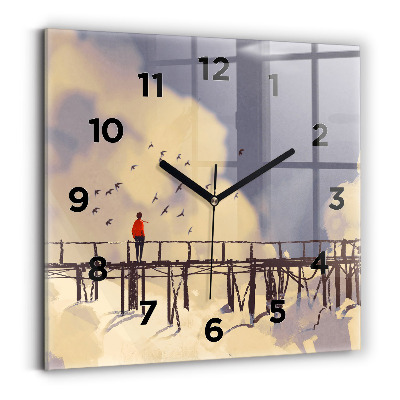 Ceas perete din sticlă pătrat Omul pe podul vechi