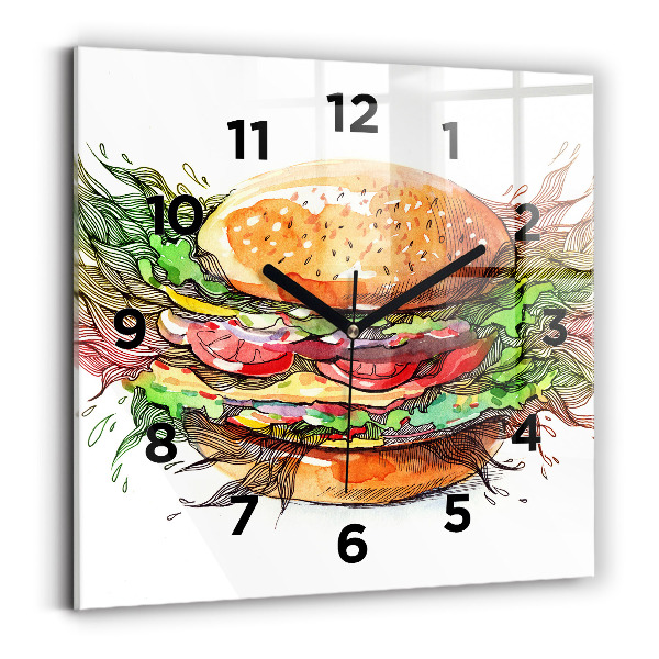 Ceas perete din sticlă pătrat Burger cu brânză XXL