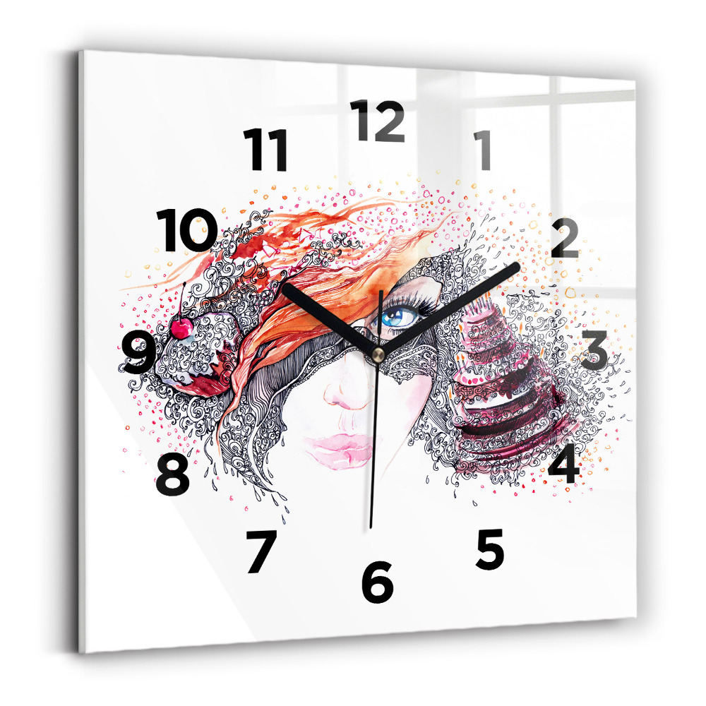 Ceas pătrat de perete din sticlă Femeie dulce cu tort