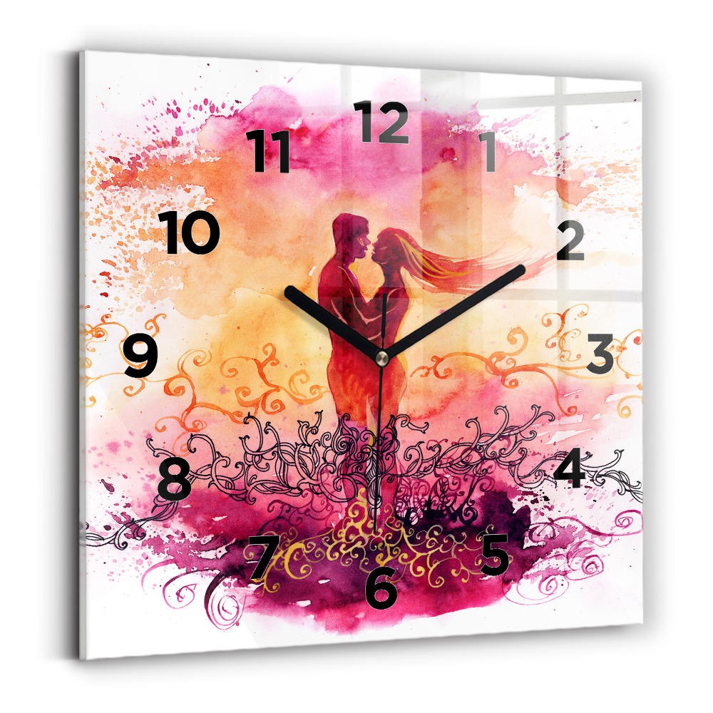 Ceas perete din sticlă pătrat Acuarele cuplu de îndrăgostiți