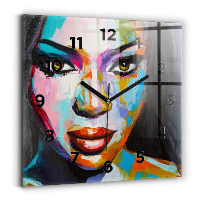 Ceas perete din sticlă pătrat Față de femeie colorată