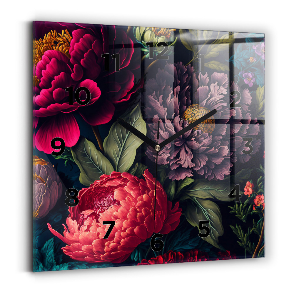 Ceas de sticlă pe perete pătrat Buchet de flori vintage