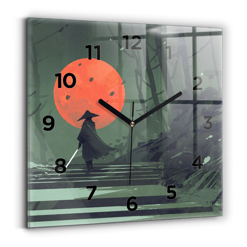 Ceas perete din sticlă pătrat Samurai în pădure