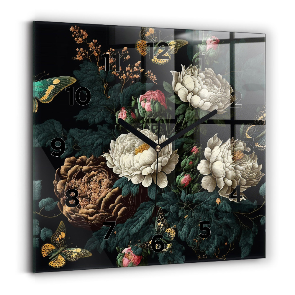 Ceas din sticlă pătrat Floare și fluturi aurii