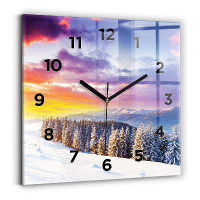 Ceas pătrat de perete din sticlă Peisaj montan de iarnă