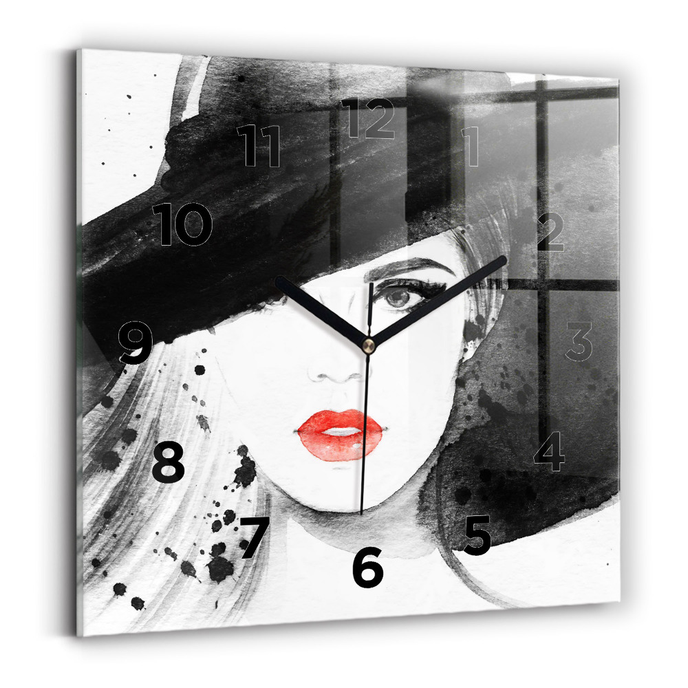 Ceas perete din sticlă pătrat Femeie cu pălărie