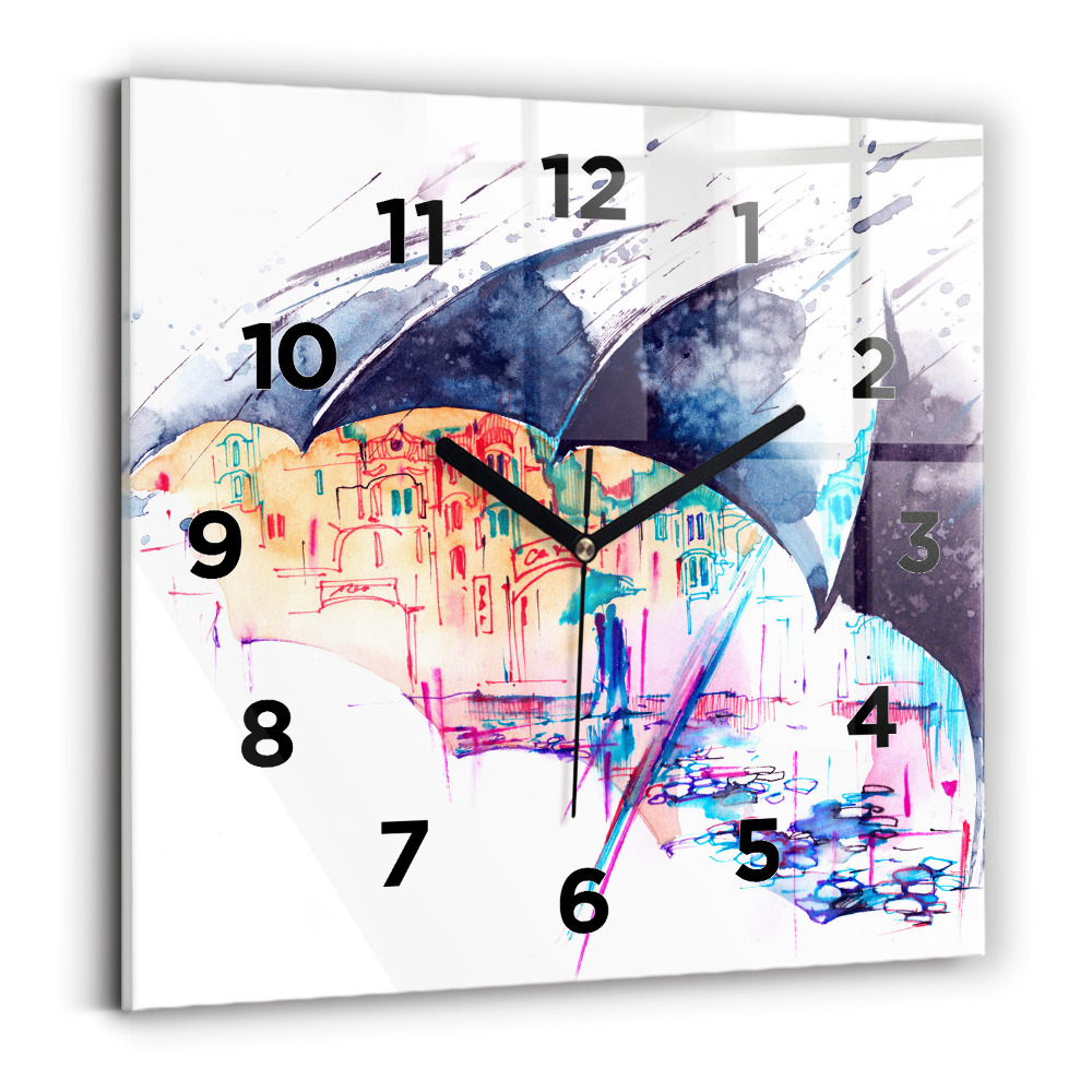 Ceas pătrat de perete din sticlă Umbrelă de ploaie și oraș
