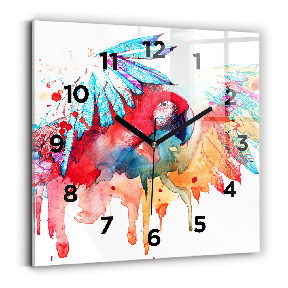 Ceas pătrat de perete din sticlă Papagal roșu colorat