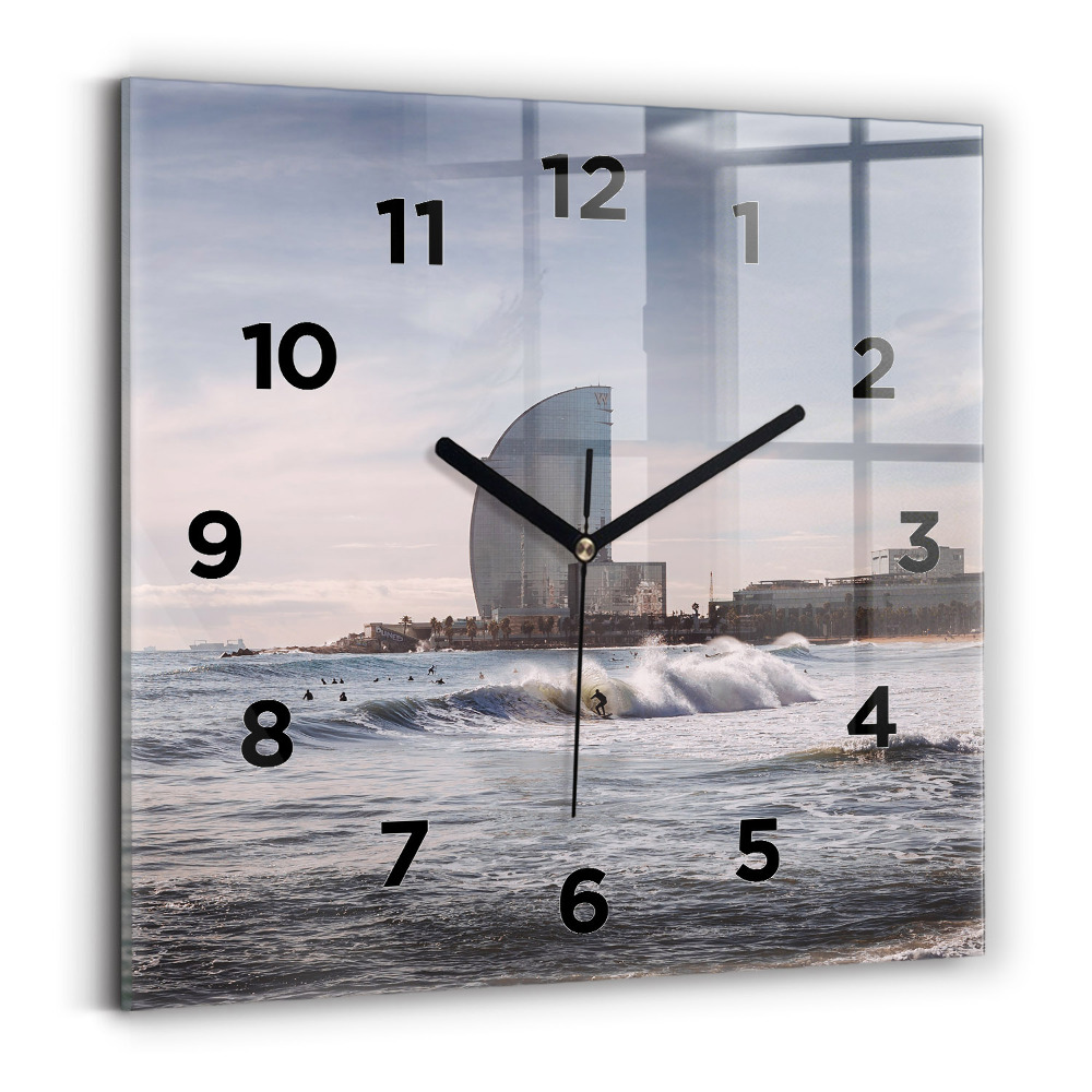 Ceas de sticlă pe perete pătrat Barcelona Surfer