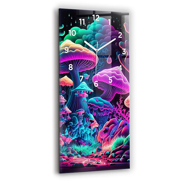Ceas vertical de perete din sticlă Ciuperci Neon