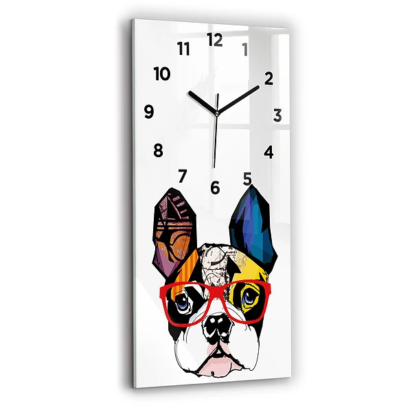 Ceas perete din sticlă dreptunghiular Bulldog francez cu ochelari