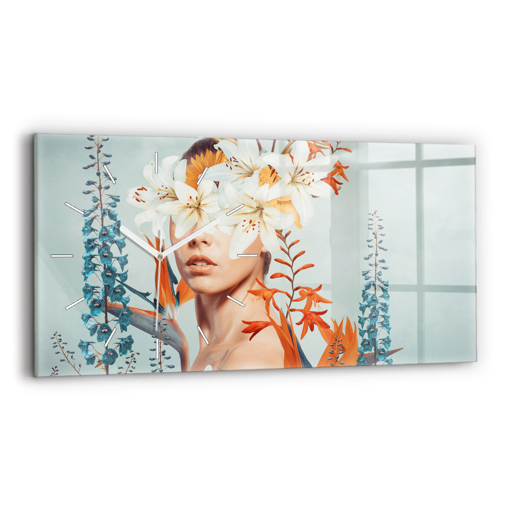 Ceas perete din sticlă orizontale Femeie cu flori