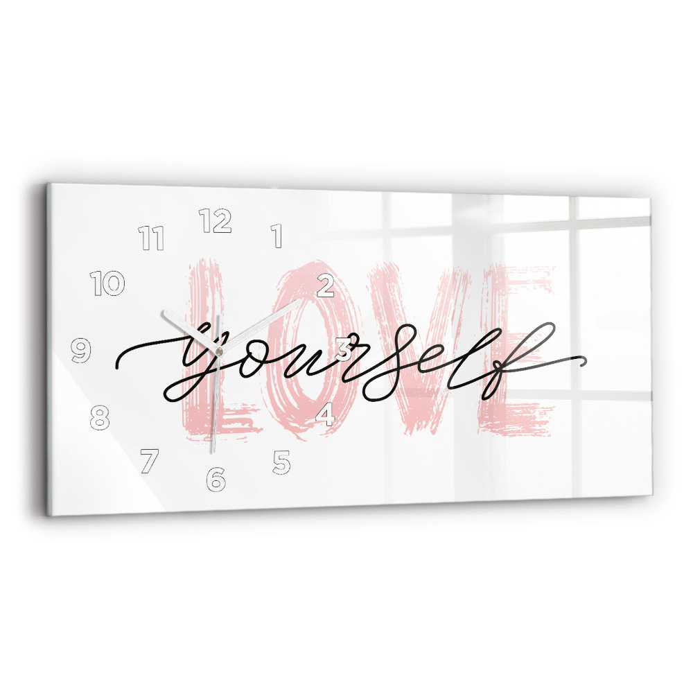Ceas perete din sticlă orizontale Inscripție iubește-te pe tine însuți