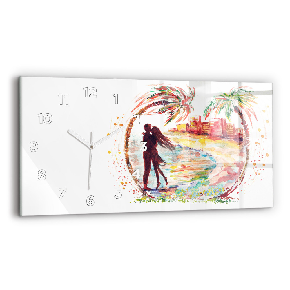 Ceas perete din sticlă orizontale Acuarelă Dragoste pe Miami Beach