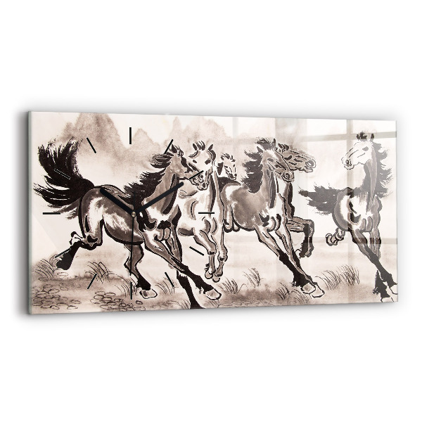 Ceas perete din sticlă orizontale Cai în galop