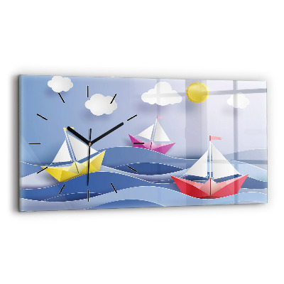 Ceas de sticlă pe perete orizontale Barci cu pânze origami colorate