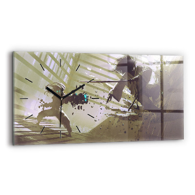 Ceas perete din sticlă orizontale Robot și samurai se luptă