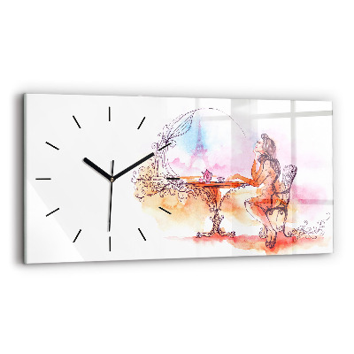 Ceas orizontale de perete din sticlă Femeie care bea ceai