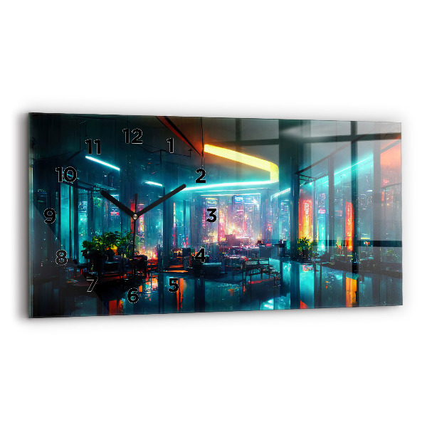 Ceas orizontale de perete din sticlă Un oraș în stil cyberpunk