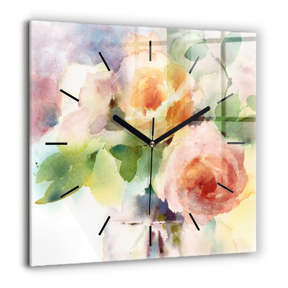 Ceas pătrat de perete din sticlă Trandafiri înfloriți