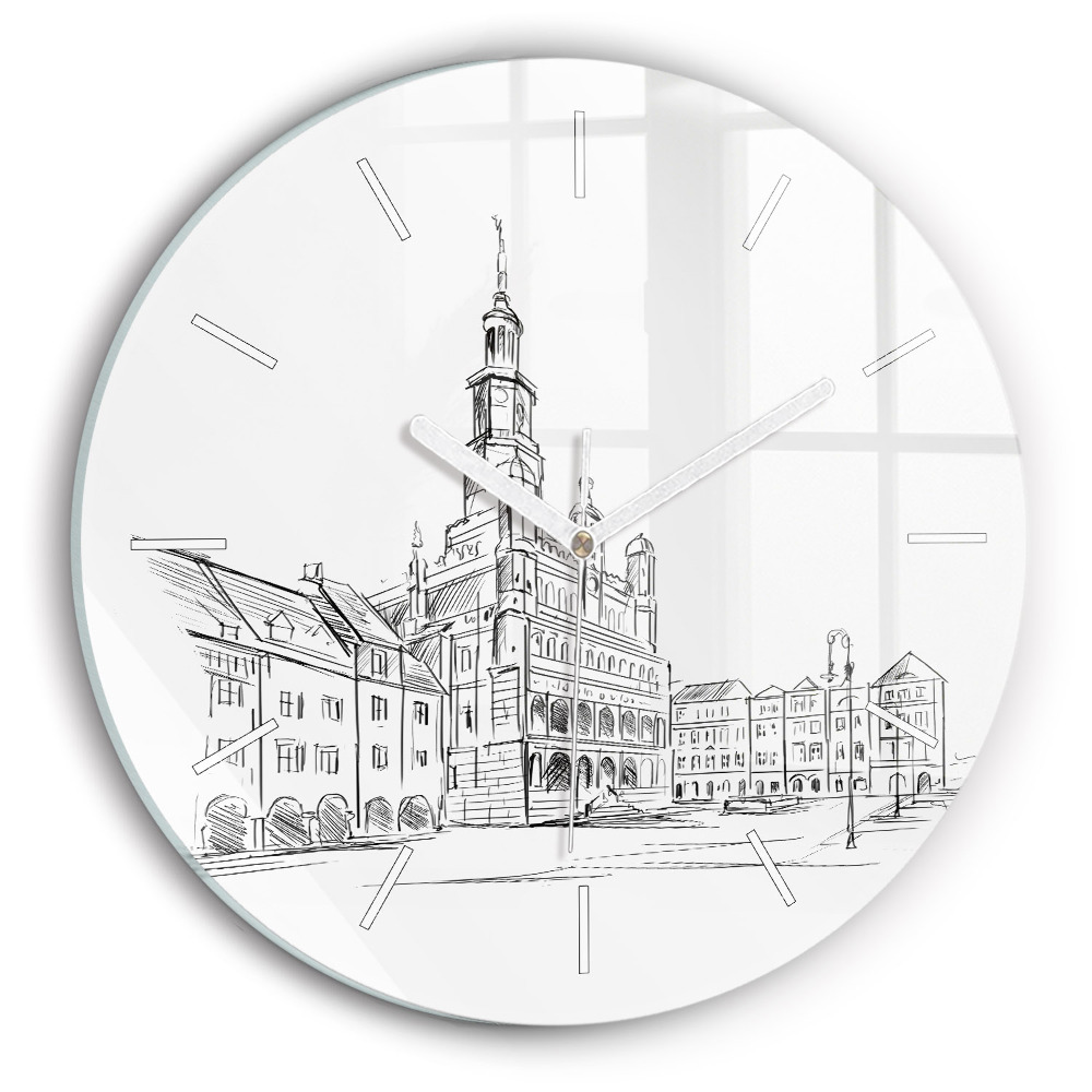 Ceas de sticlă pe perete rotund Schiță a orașului vechi Poznań