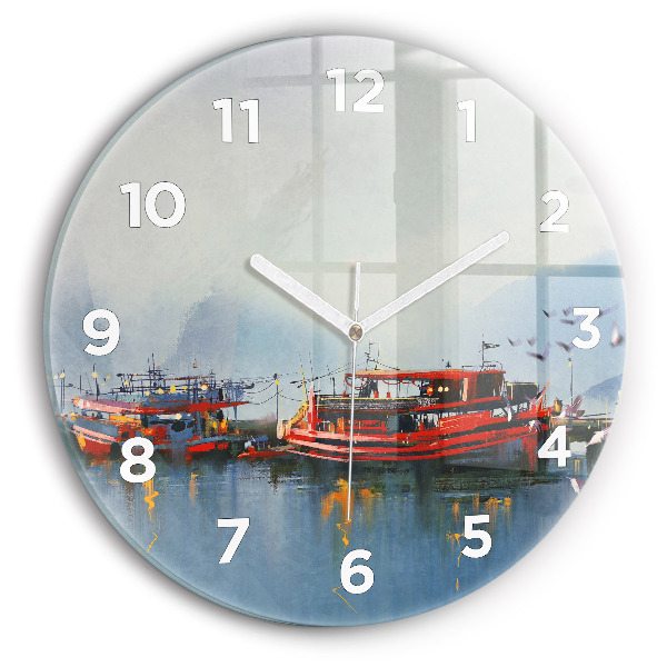 Ceas rotund de perete din sticlă Barcă de pescuit în port