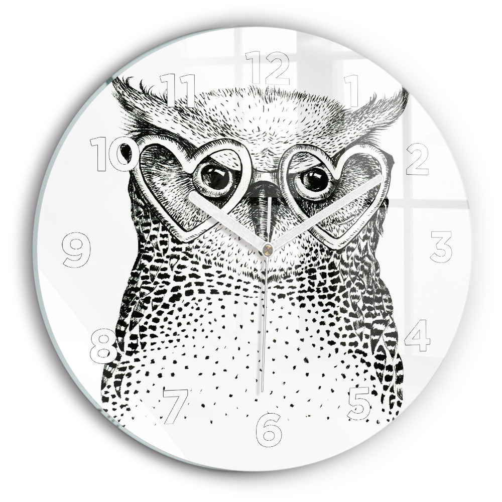 Ceas rotund de perete din sticlă O bufniță de desene animate cu ochelari