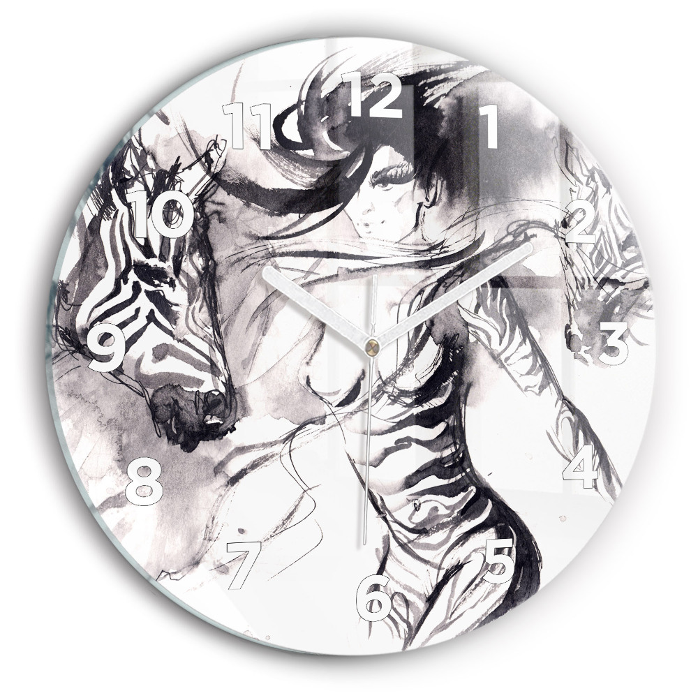 Ceas rotund de perete din sticlă Femeie și zebre