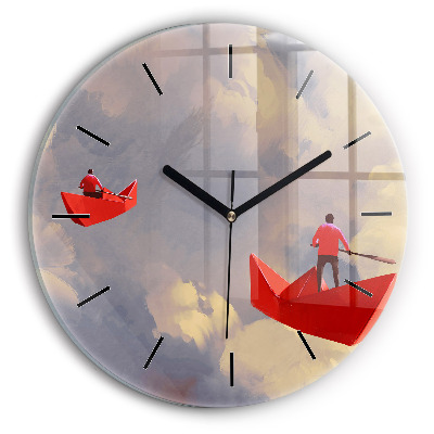 Nave de hârtie Ceas de sticlă pe perete rotund