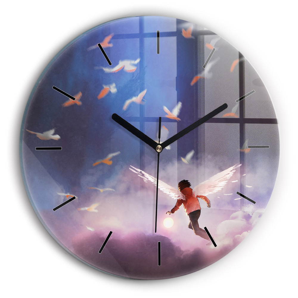Băiat cu aripi Ceas perete din sticlă rotund