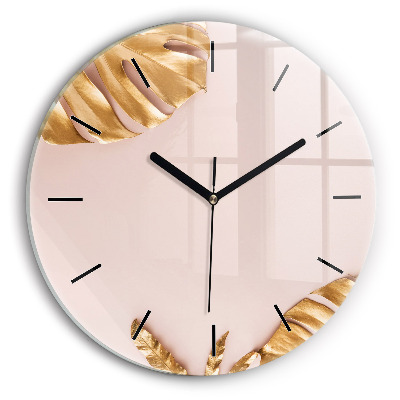 Frunze tropicale aurii Ceas rotund de perete din sticlă