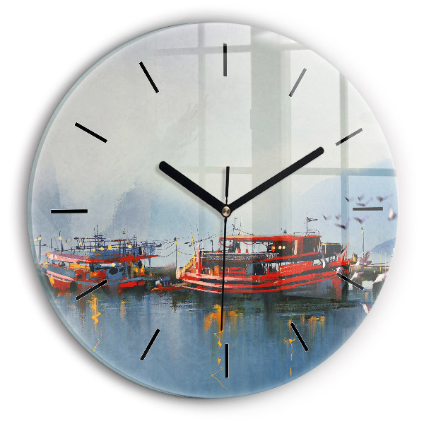 Barcă de pescuit în port Ceas rotund de perete din sticlă