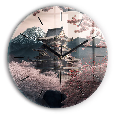 Turn și flori în Asia Ceas rotund de perete din sticlă