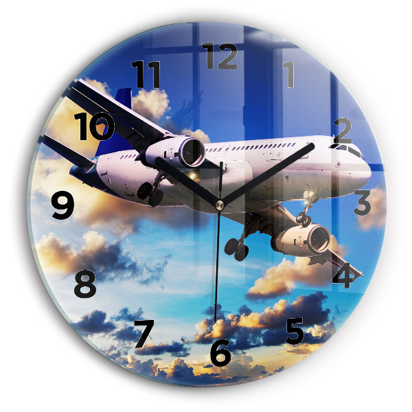 Ceas perete din sticlă rotund Avion în nori
