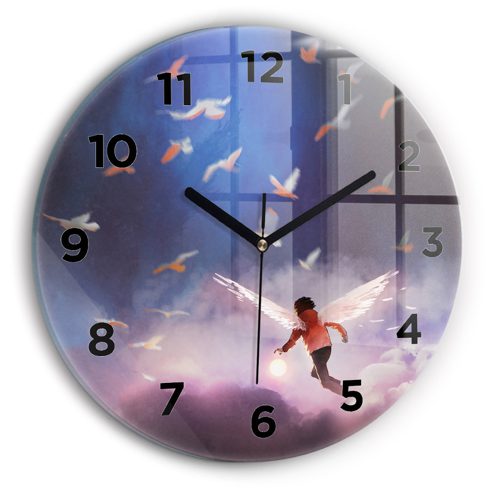 Ceas perete din sticlă rotund Băiat cu aripi