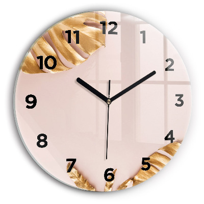 Ceas rotund de perete din sticlă Frunze tropicale aurii