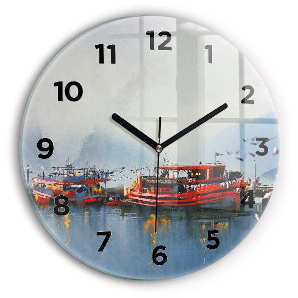 Ceas rotund de perete din sticlă Barcă de pescuit în port