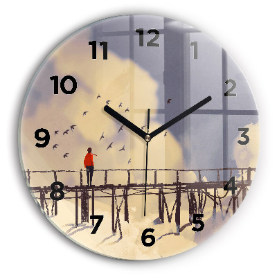 Ceas perete din sticlă rotund Omul pe podul vechi