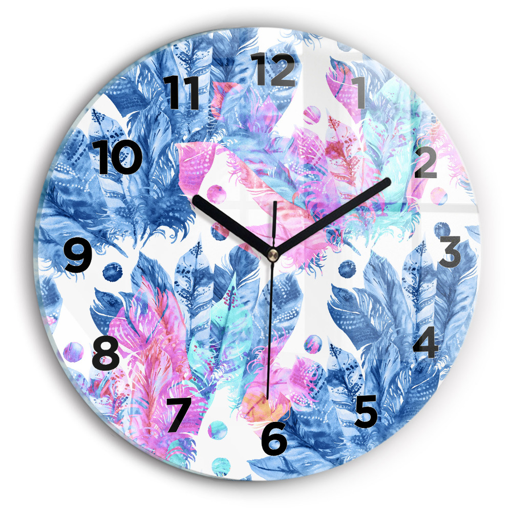 Ceas perete din sticlă rotund Pene colorate