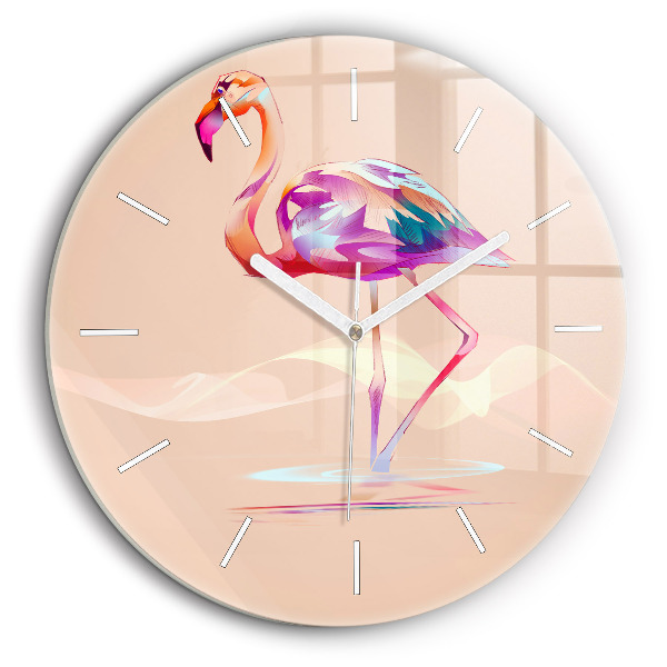 Ceas perete din sticlă rotund Ilustrație cu flamingo