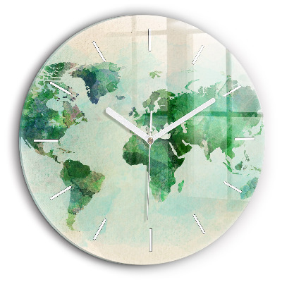 Ceas rotund de perete din sticlă Harta lumii acuarela