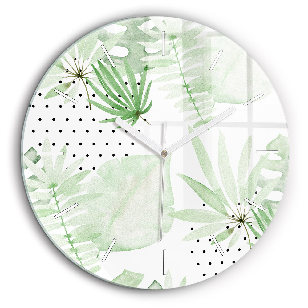 Ceas perete din sticlă rotund Frunze verzi