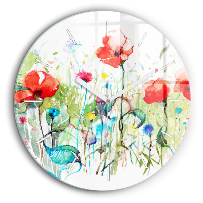 Ceas perete din sticlă rotund Flori în pajiște