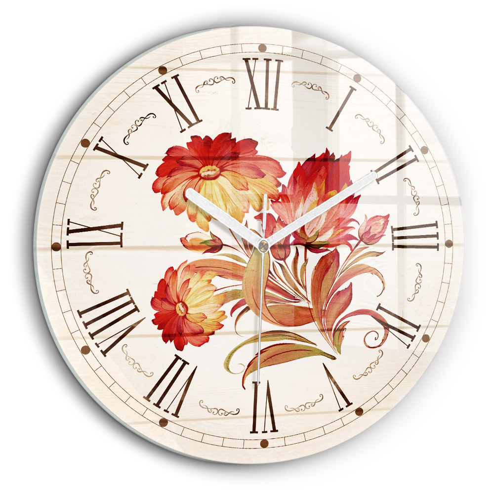 Ceas perete din sticlă rotund Flori roșii