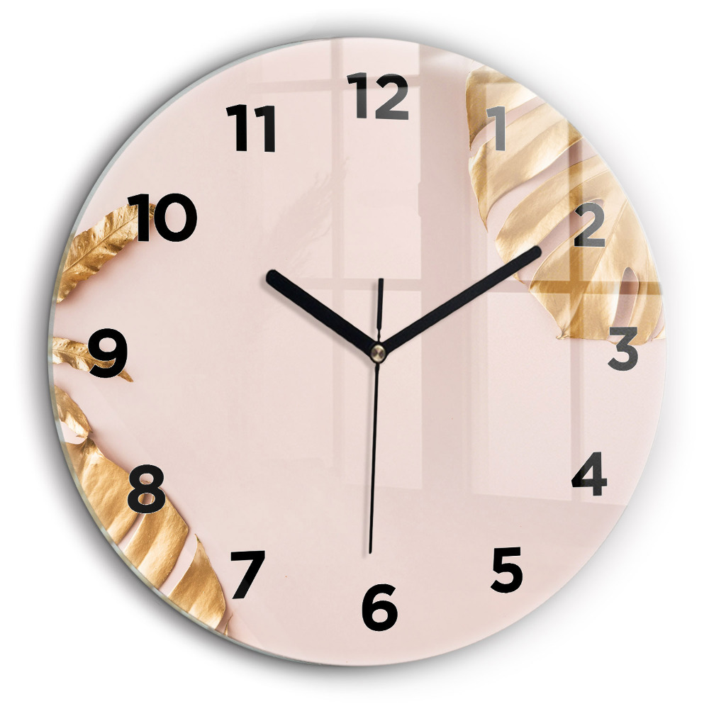 Frunze tropicale aurii Ceas de sticlă pe perete rotund