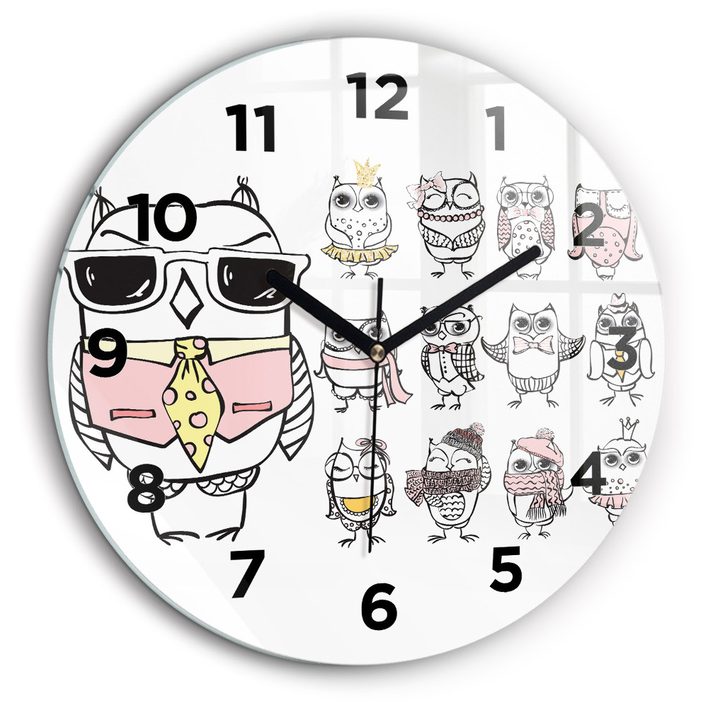 Poster de epocă cu bufnițe Ceas rotund de perete din sticlă