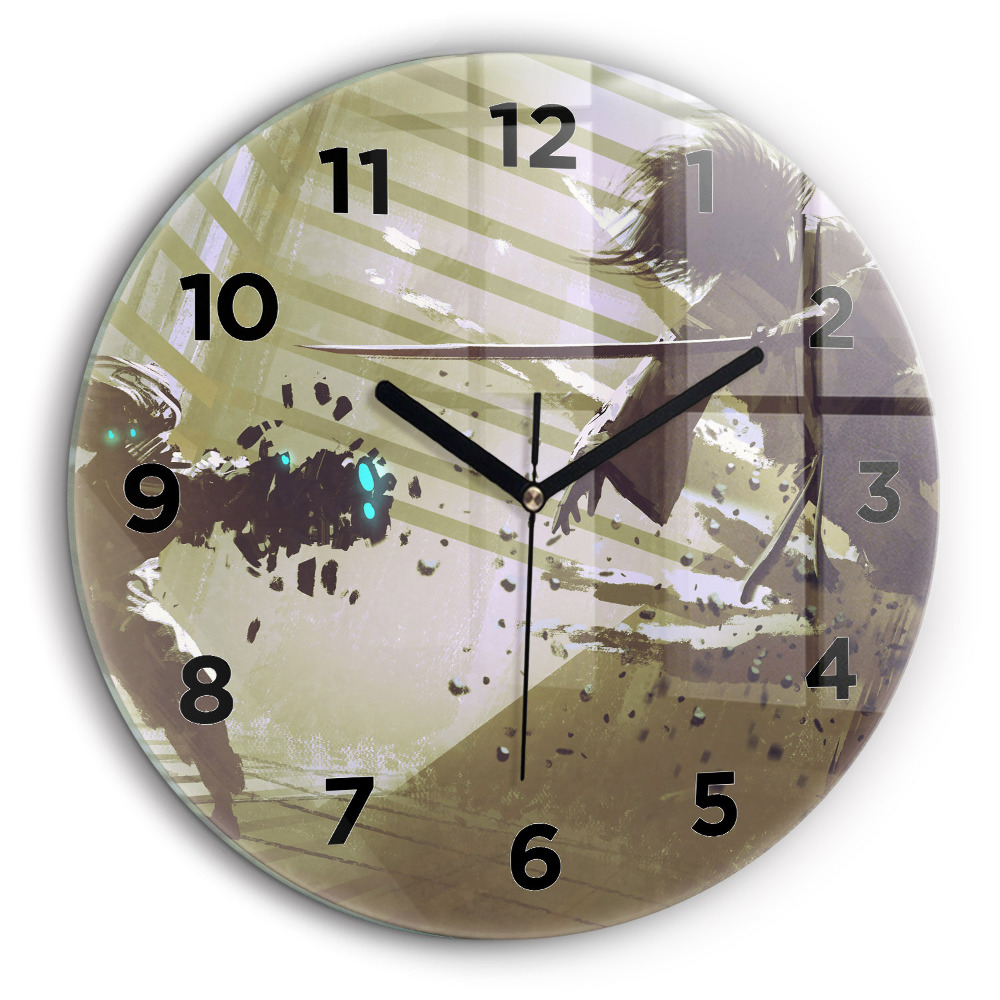 Robot și samurai se luptă Ceas perete din sticlă rotund