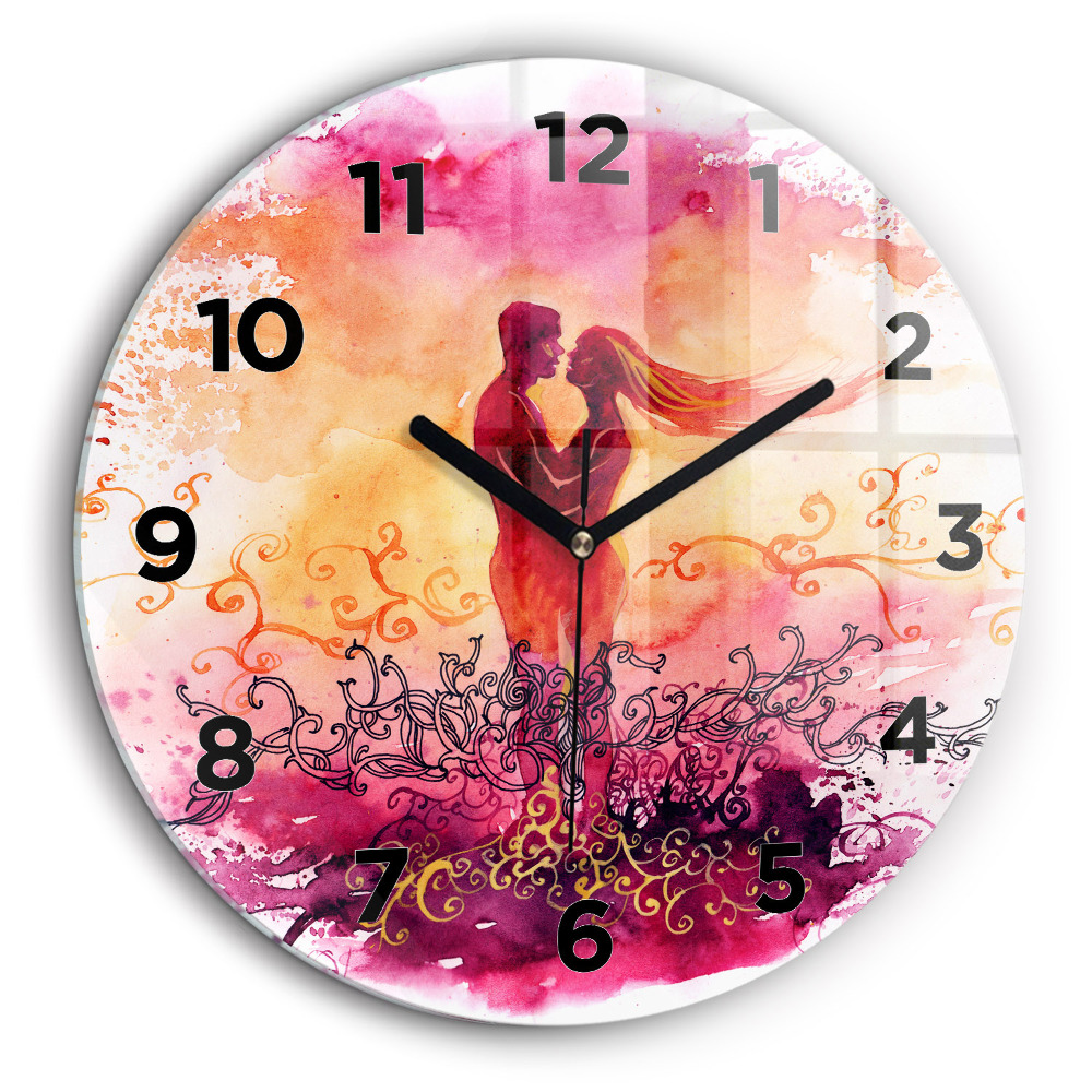 Acuarele cuplu de îndrăgostiți Ceas perete din sticlă rotund