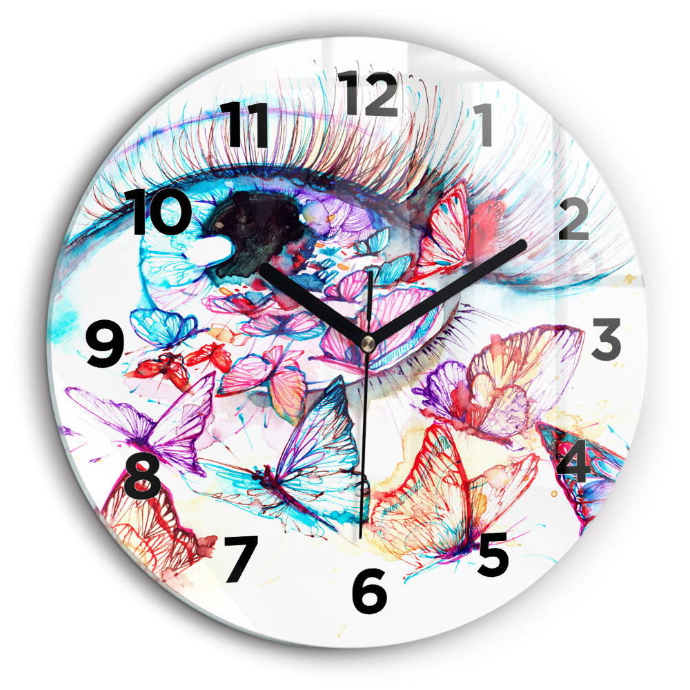 Ochi colorat de fluturi Ceas perete din sticlă rotund