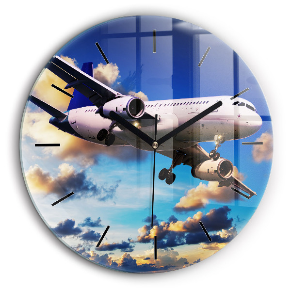 Ceas perete din sticlă rotund Avion în nori